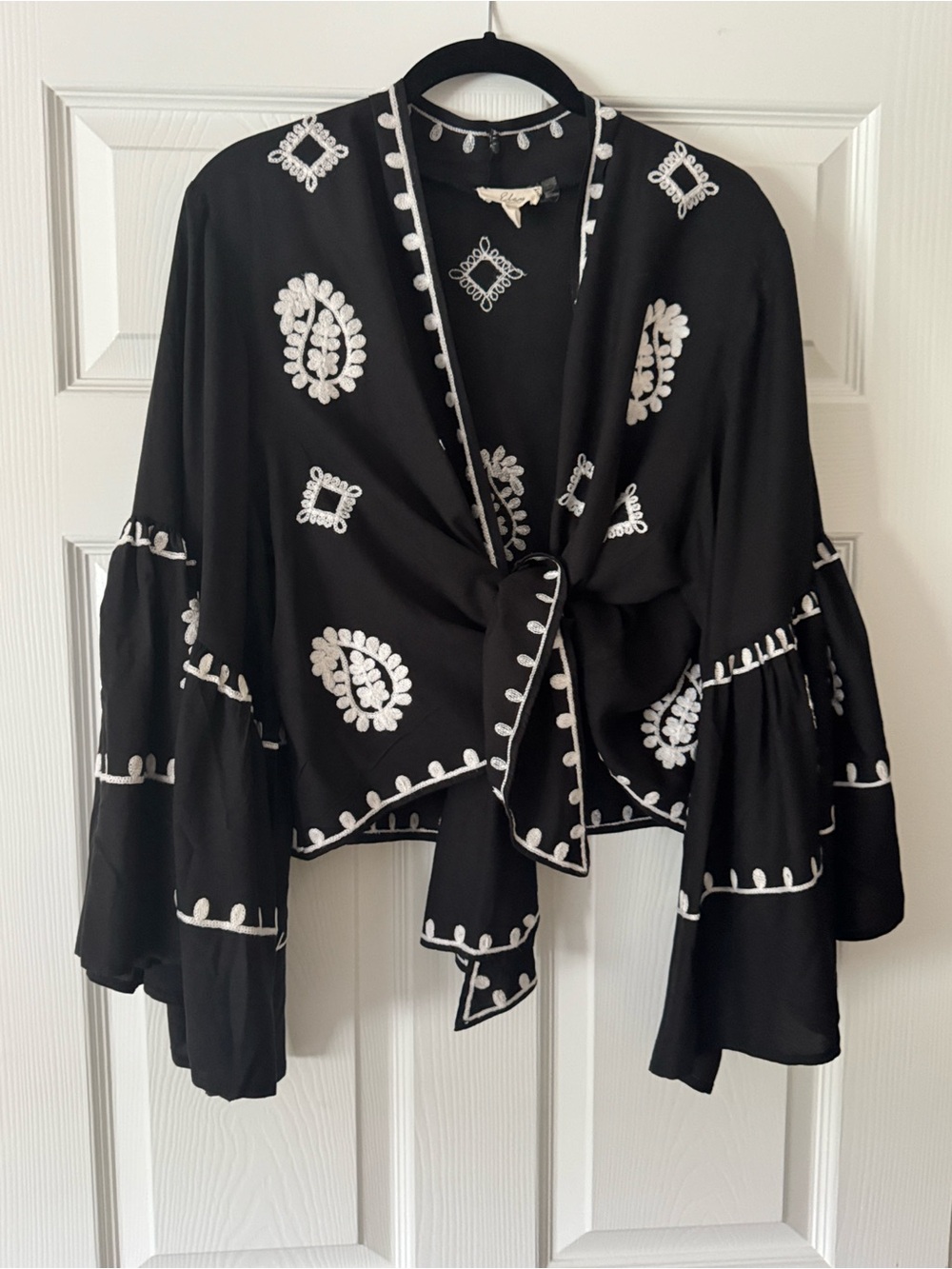 Elan Black Tie-Front Embroidered Top